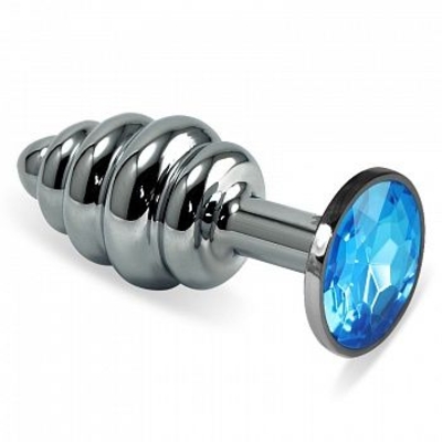 Серебристая фигурная анальная пробка с голубым кристаллом - 8,5 см. - фото, цены